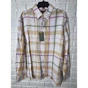 Cremieux Cape Town Collection Men's XL 100% Linen Plaid Multicolor Button up NWT